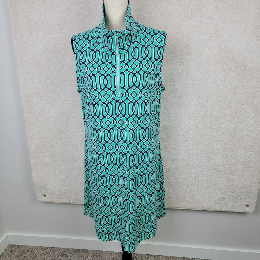 Anthony's Resortwear Women XL Teal Navy Geometric Quart Zip Travel Shift Dress - Picture 3 of 9